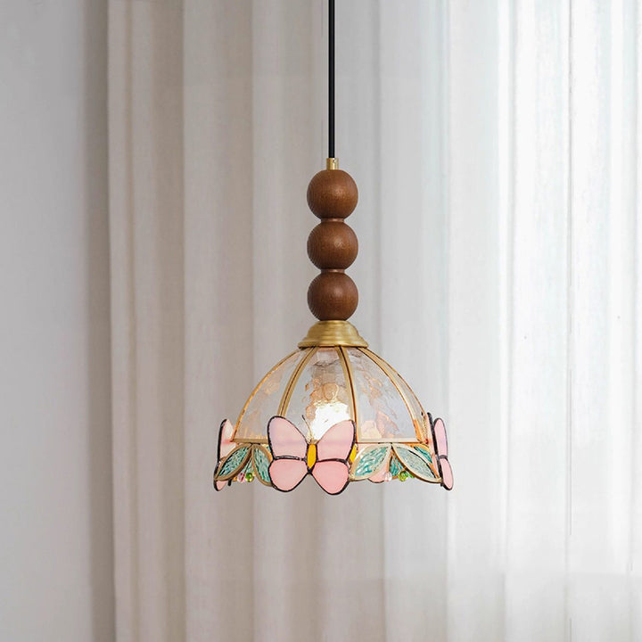 Traditional French Half Round Butterfly Shape Ash Wood Brass Stained Glass 1-Light Pendant Light For Living Room