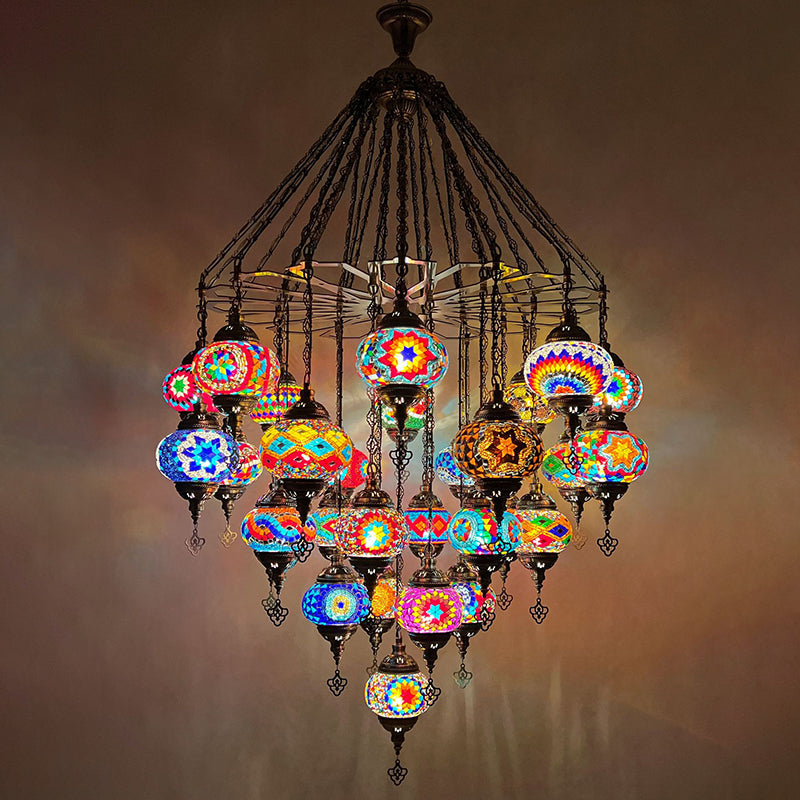 Traditional Vintage Round Iron Glass 29-Light Chandelier For Living Room