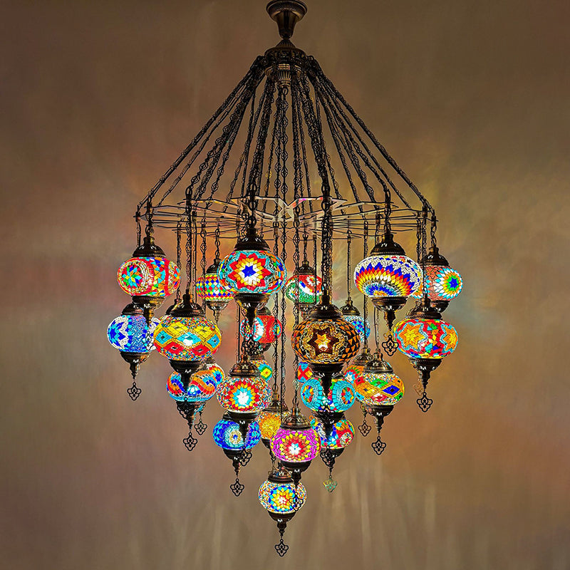 Traditional Vintage Round Iron Glass 29-Light Chandelier For Living Room