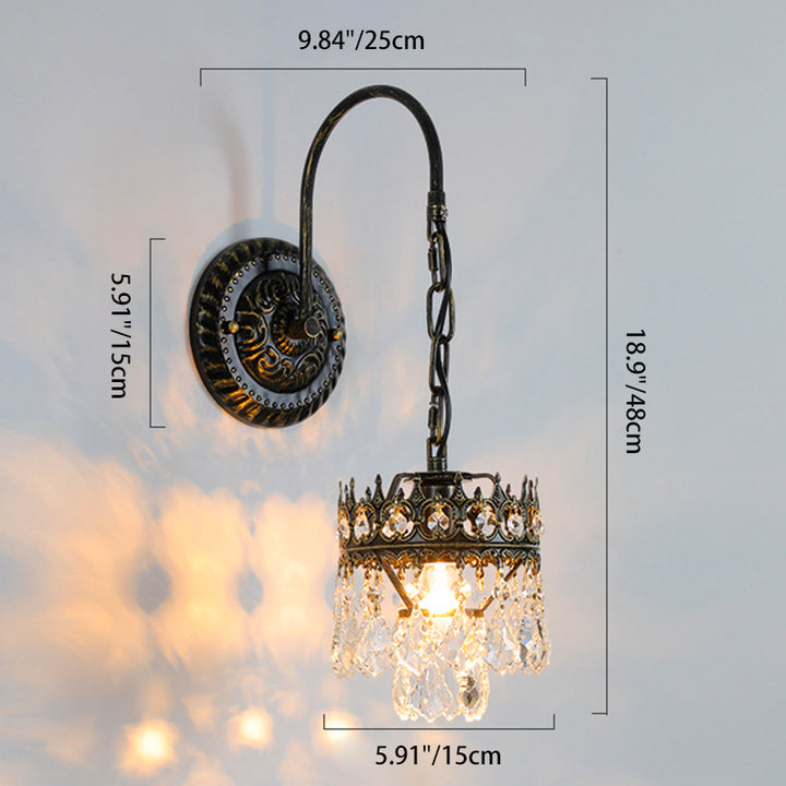 Traditional French Iron Crystal Crown-Shaped 1-Light Wall Sconce Lamp For Bedroom