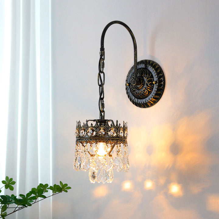 Traditional French Iron Crystal Crown-Shaped 1-Light Wall Sconce Lamp For Bedroom