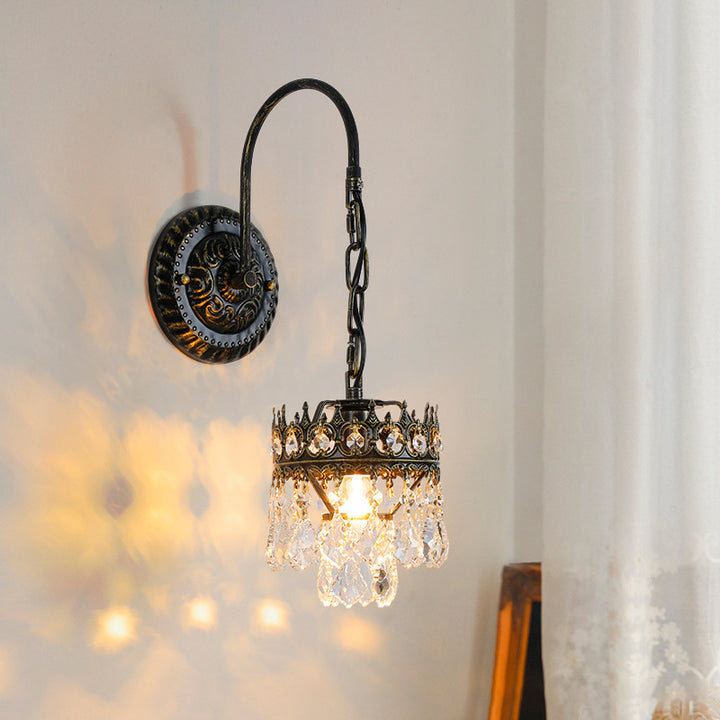 Traditional French Iron Crystal Crown-Shaped 1-Light Wall Sconce Lamp For Bedroom