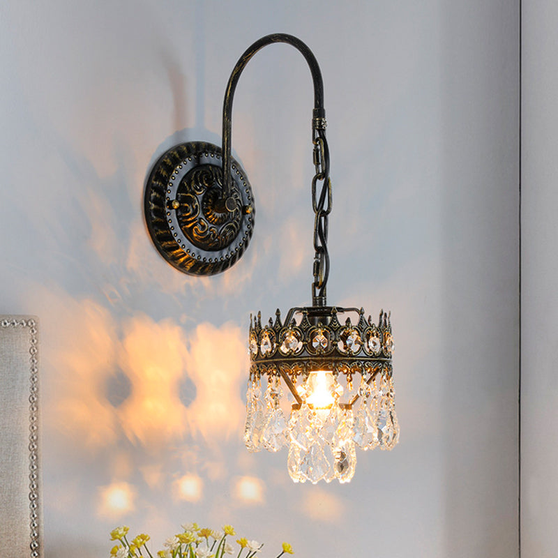Traditional French Iron Crystal Crown-Shaped 1-Light Wall Sconce Lamp For Bedroom