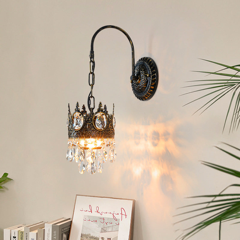 Traditional French Iron Crystal Crown-Shaped 1-Light Wall Sconce Lamp For Bedroom