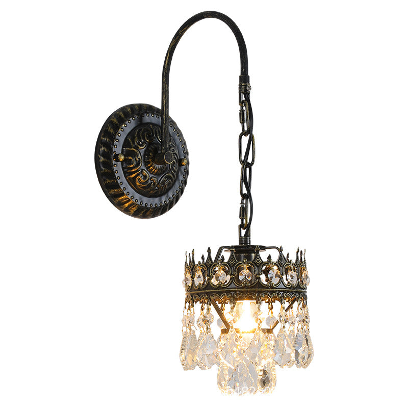 Traditional French Iron Crystal Crown-Shaped 1-Light Wall Sconce Lamp For Bedroom