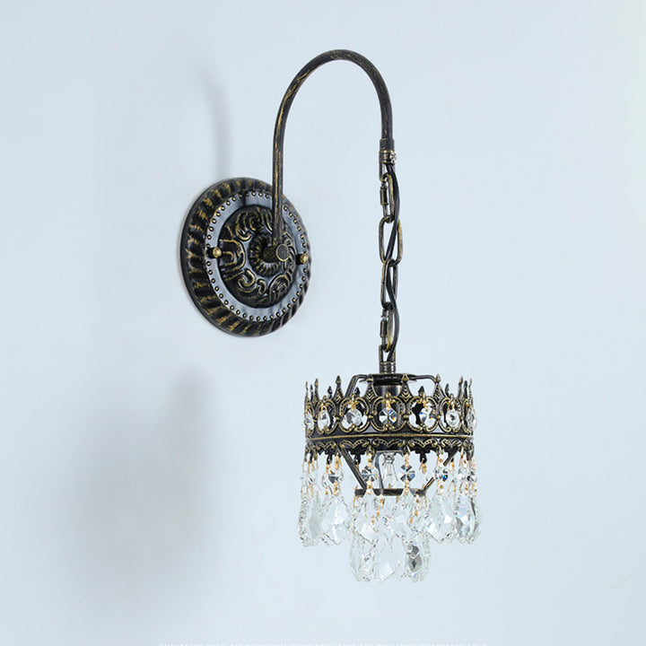 Traditional French Iron Crystal Crown-Shaped 1-Light Wall Sconce Lamp For Bedroom