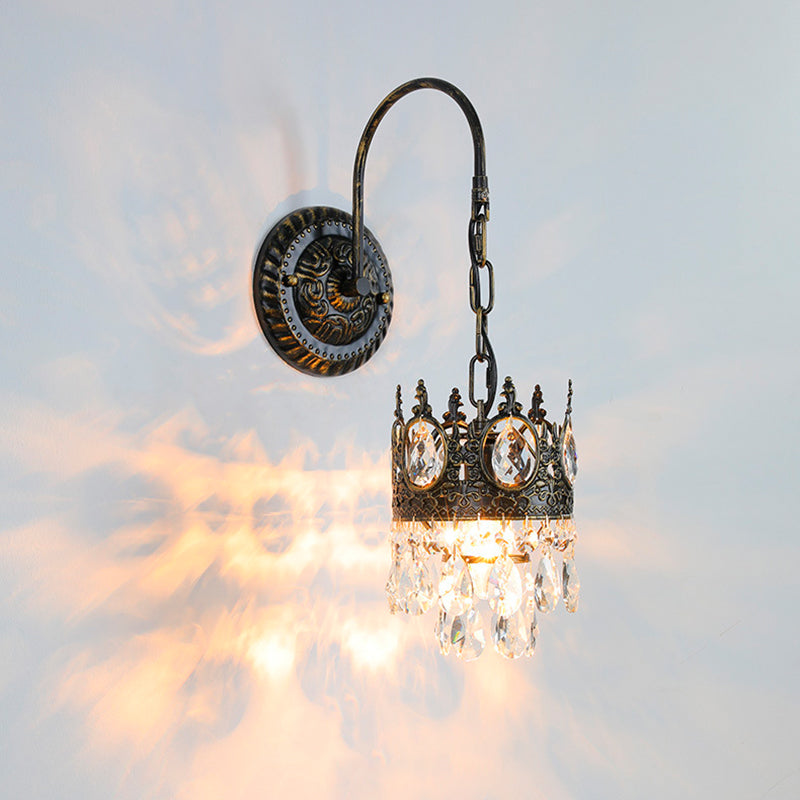 Traditional French Iron Crystal Crown-Shaped 1-Light Wall Sconce Lamp For Bedroom