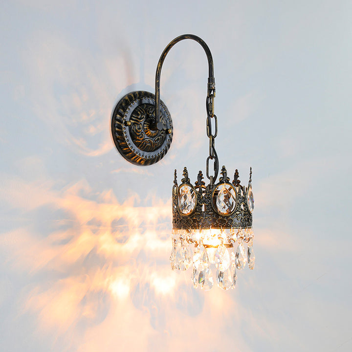 Traditional French Iron Crystal Crown-Shaped 1-Light Wall Sconce Lamp For Bedroom