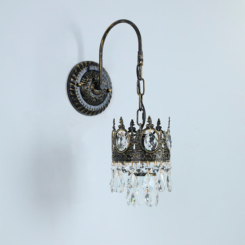 Traditional French Iron Crystal Crown-Shaped 1-Light Wall Sconce Lamp For Bedroom
