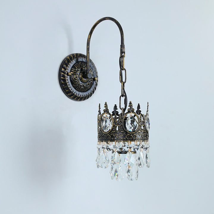 Traditional French Iron Crystal Crown-Shaped 1-Light Wall Sconce Lamp For Bedroom