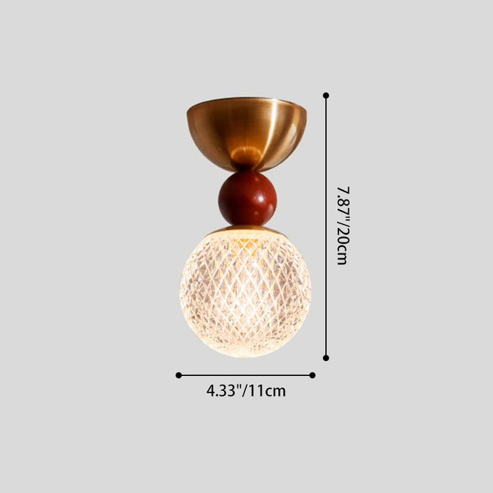 Contemporary Retro Walnut Wood Plywood Iron Crystal Acrylic Glass Ball Pear-Shaped 1-Light Semi-Flush Mount Ceiling Light For Entryway &amp; Hallway