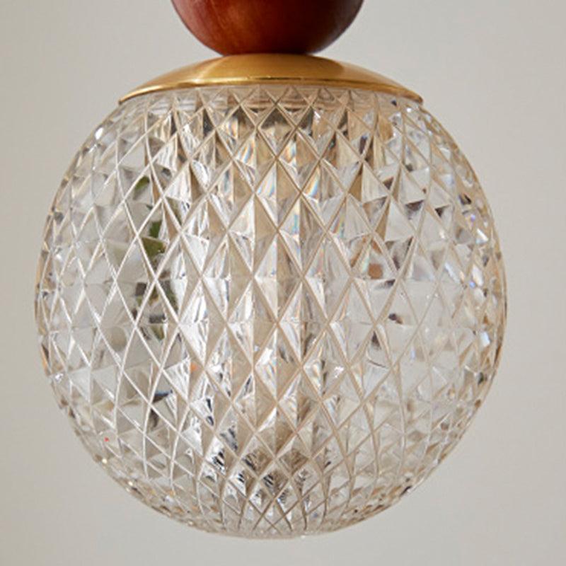 Contemporary Retro Walnut Wood Plywood Iron Crystal Acrylic Glass Ball Pear-Shaped 1-Light Semi-Flush Mount Ceiling Light For Entryway &amp; Hallway