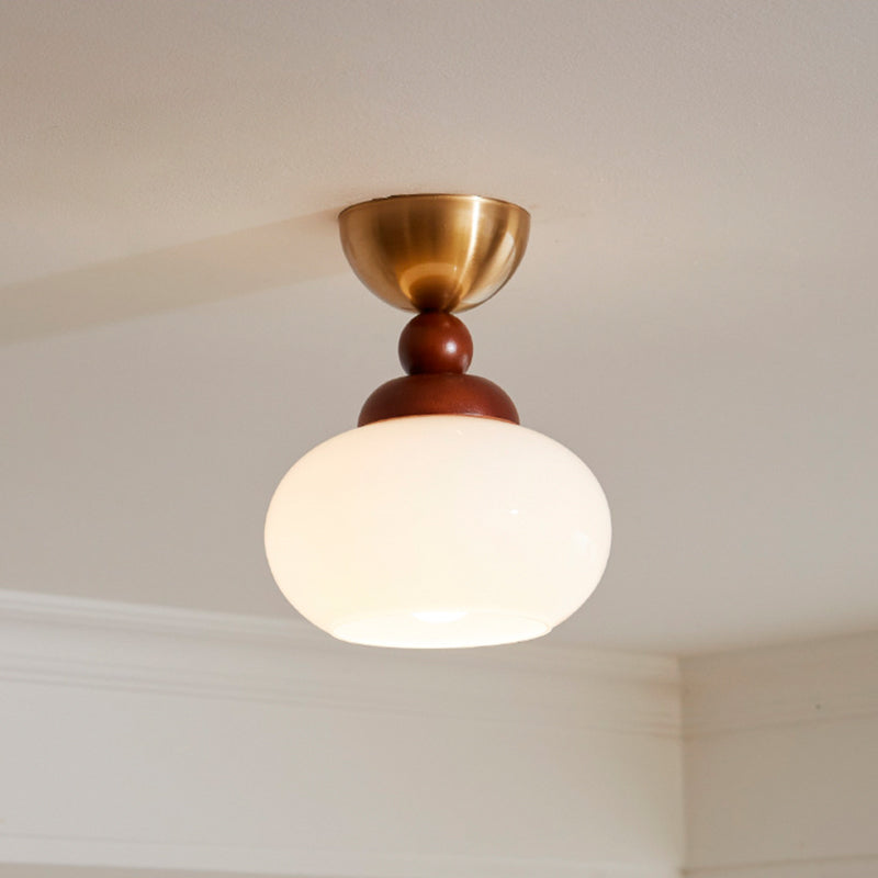 Contemporary Retro Walnut Wood Plywood Iron Crystal Acrylic Glass Ball Pear-Shaped 1-Light Semi-Flush Mount Ceiling Light For Entryway &amp; Hallway
