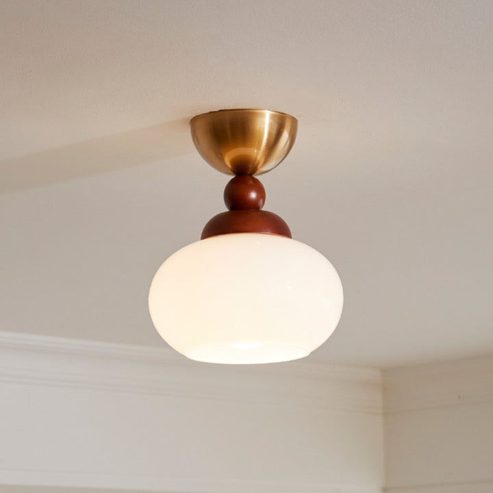 Contemporary Retro Walnut Wood Plywood Iron Crystal Acrylic Glass Ball Pear-Shaped 1-Light Semi-Flush Mount Ceiling Light For Entryway &amp; Hallway