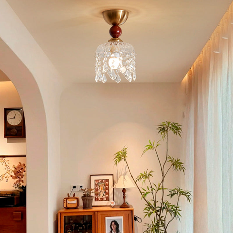 Contemporary Retro Walnut Wood Plywood Iron Crystal Acrylic Glass Ball Pear-Shaped 1-Light Semi-Flush Mount Ceiling Light For Entryway &amp; Hallway