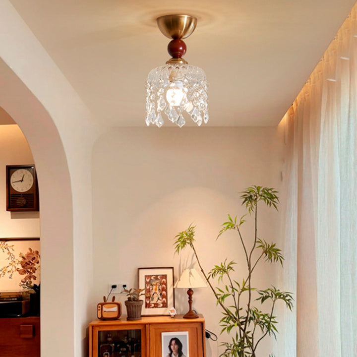 Contemporary Retro Walnut Wood Plywood Iron Crystal Acrylic Glass Ball Pear-Shaped 1-Light Semi-Flush Mount Ceiling Light For Entryway &amp; Hallway