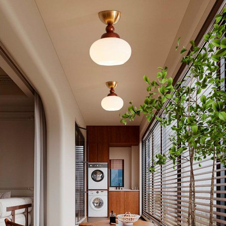 Contemporary Retro Walnut Wood Plywood Iron Crystal Acrylic Glass Ball Pear-Shaped 1-Light Semi-Flush Mount Ceiling Light For Entryway &amp; Hallway