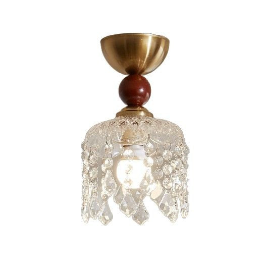 Contemporary Retro Walnut Wood Plywood Iron Crystal Acrylic Glass Ball Pear-Shaped 1-Light Semi-Flush Mount Ceiling Light For Entryway &amp; Hallway