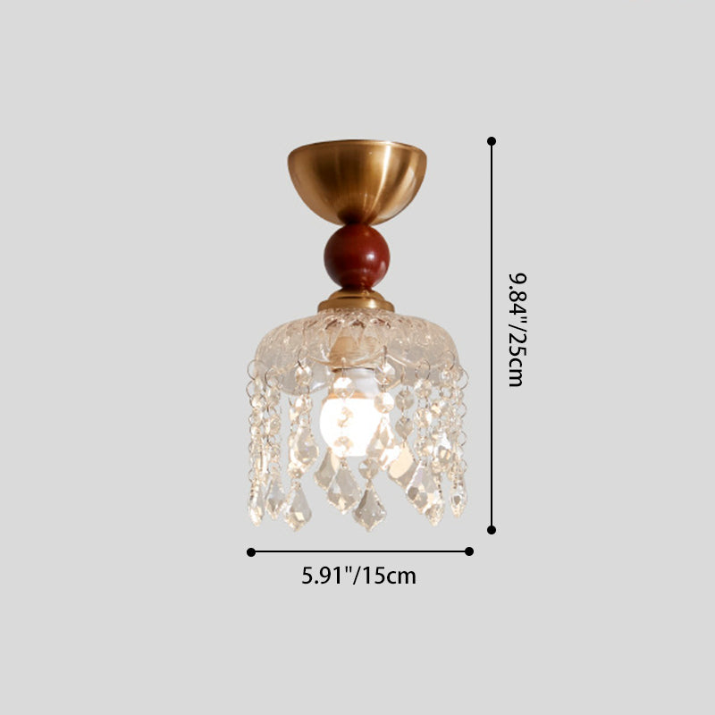 Contemporary Retro Walnut Wood Plywood Iron Crystal Acrylic Glass Ball Pear-Shaped 1-Light Semi-Flush Mount Ceiling Light For Entryway &amp; Hallway