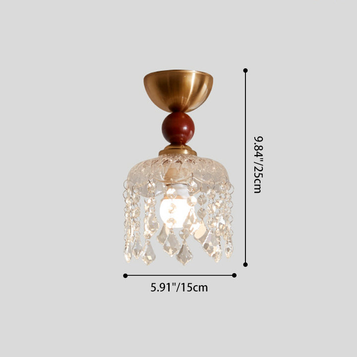 Contemporary Retro Walnut Wood Plywood Iron Crystal Acrylic Glass Ball Pear-Shaped 1-Light Semi-Flush Mount Ceiling Light For Entryway &amp; Hallway