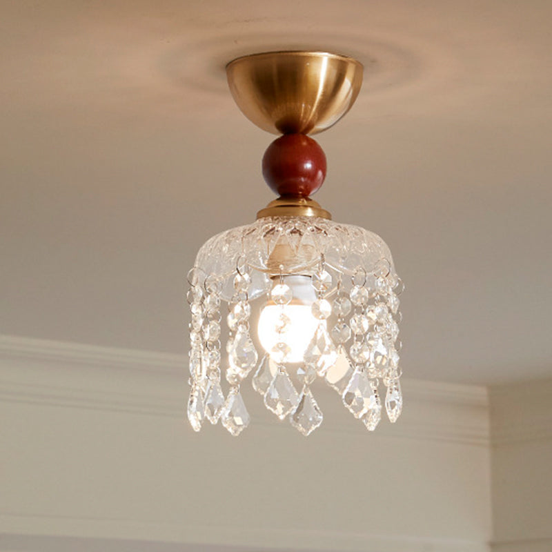 Contemporary Retro Walnut Wood Plywood Iron Crystal Acrylic Glass Ball Pear-Shaped 1-Light Semi-Flush Mount Ceiling Light For Entryway &amp; Hallway