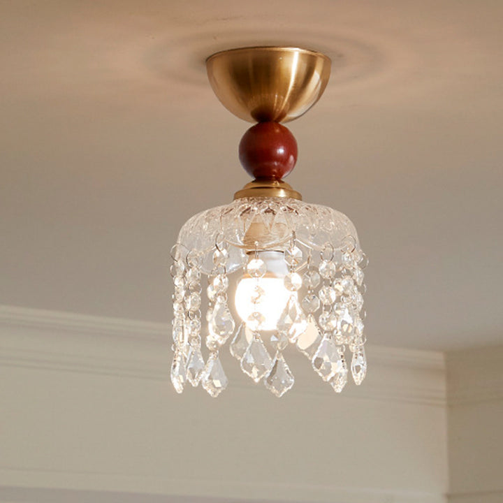 Contemporary Retro Walnut Wood Plywood Iron Crystal Acrylic Glass Ball Pear-Shaped 1-Light Semi-Flush Mount Ceiling Light For Entryway &amp; Hallway