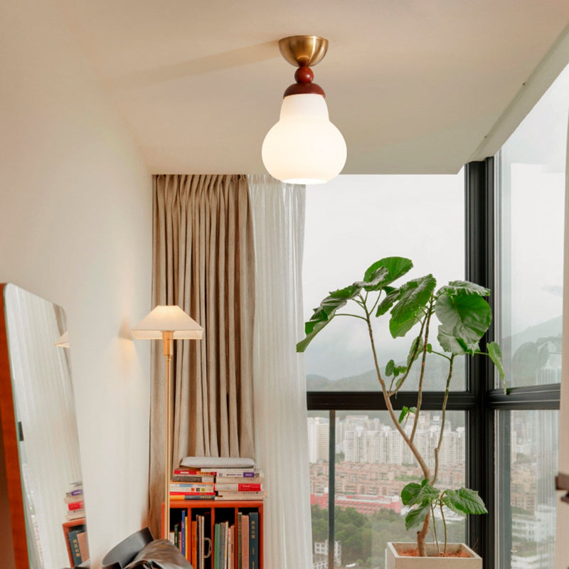 Contemporary Retro Walnut Wood Plywood Iron Crystal Acrylic Glass Ball Pear-Shaped 1-Light Semi-Flush Mount Ceiling Light For Entryway &amp; Hallway