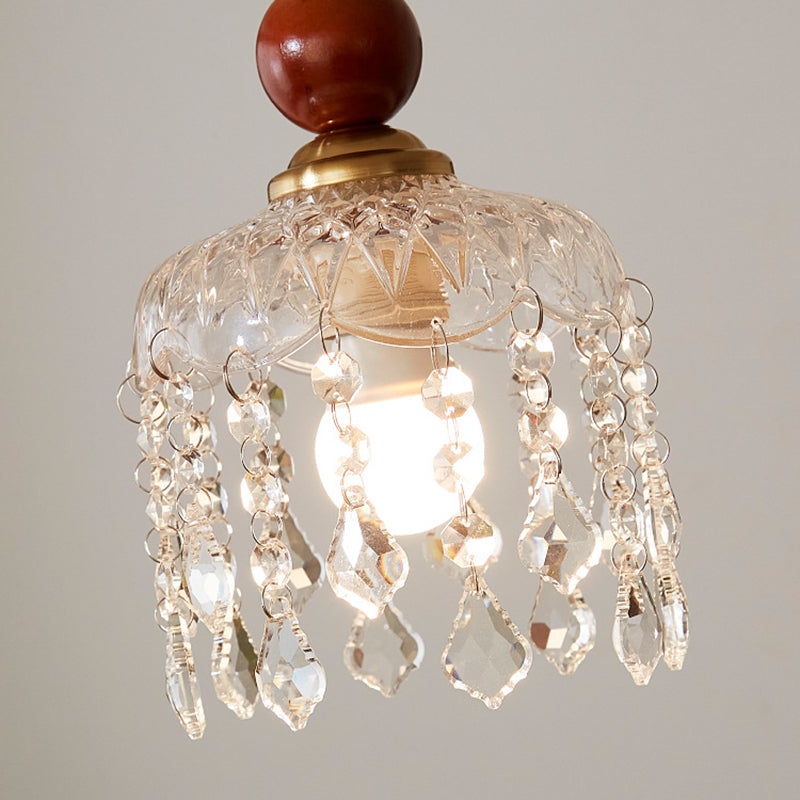 Contemporary Retro Walnut Wood Plywood Iron Crystal Acrylic Glass Ball Pear-Shaped 1-Light Semi-Flush Mount Ceiling Light For Entryway &amp; Hallway