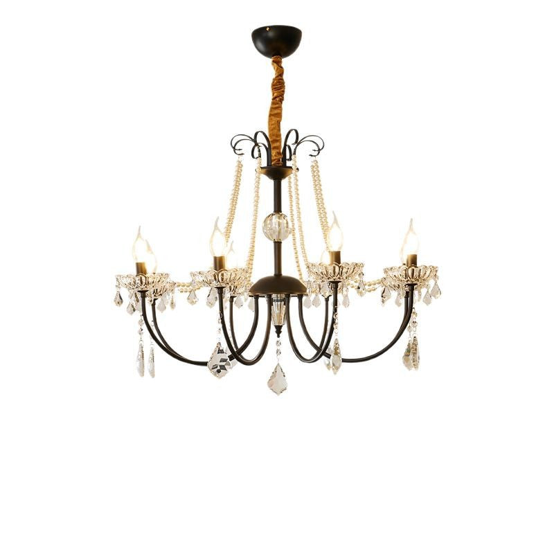 Traditional French Iron Pearl Glass Crystal Candle Holder-Shaped 6/8-Light Chandelier For Living Room