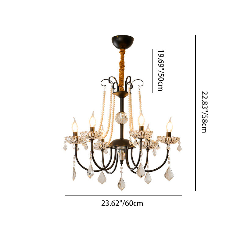 Traditional French Iron Pearl Glass Crystal Candle Holder-Shaped 6/8-Light Chandelier For Living Room