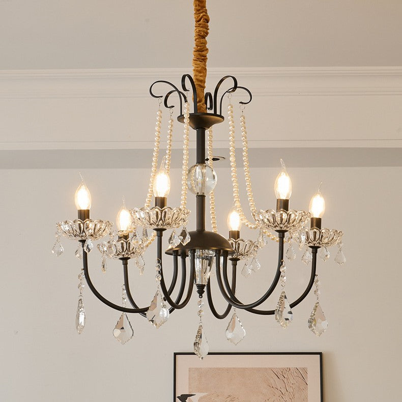 Traditional French Iron Pearl Glass Crystal Candle Holder-Shaped 6/8-Light Chandelier For Living Room