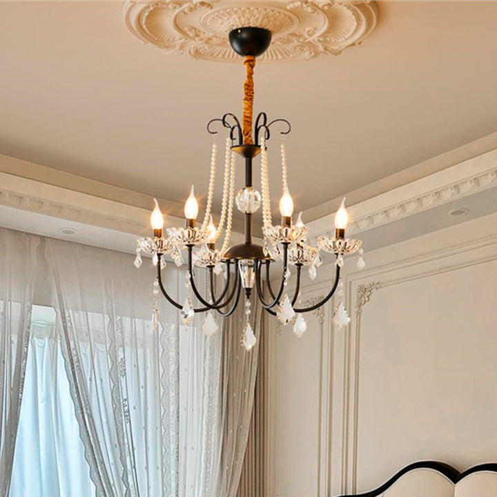 Traditional French Iron Pearl Glass Crystal Candle Holder-Shaped 6/8-Light Chandelier For Living Room