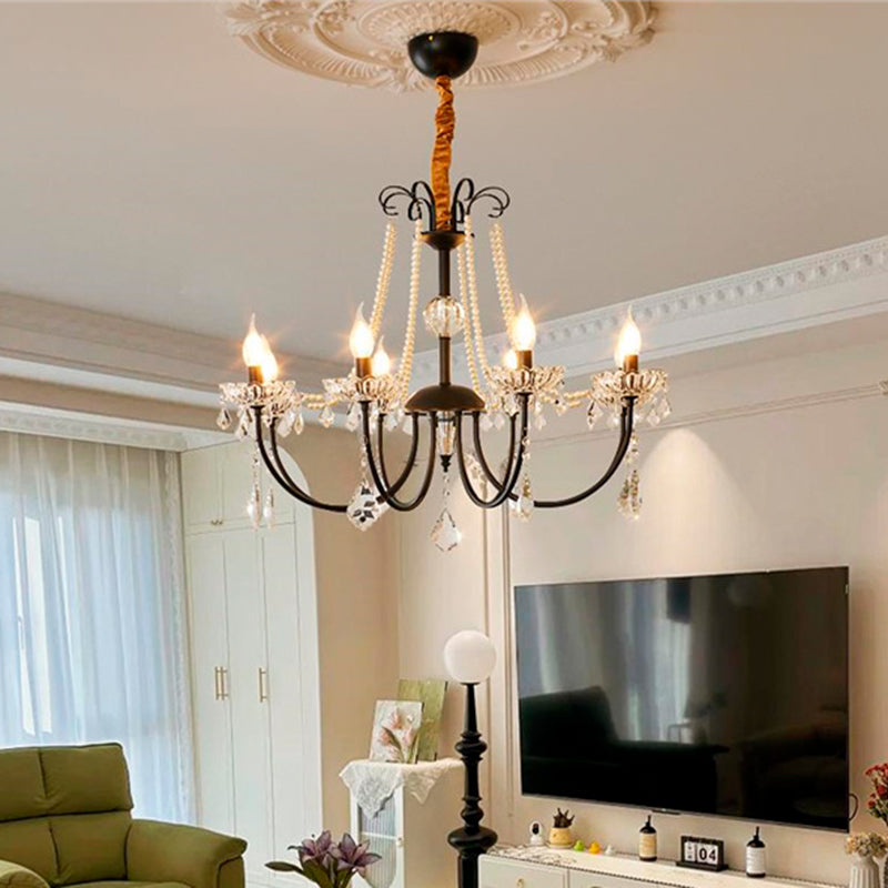 Traditional French Iron Pearl Glass Crystal Candle Holder-Shaped 6/8-Light Chandelier For Living Room