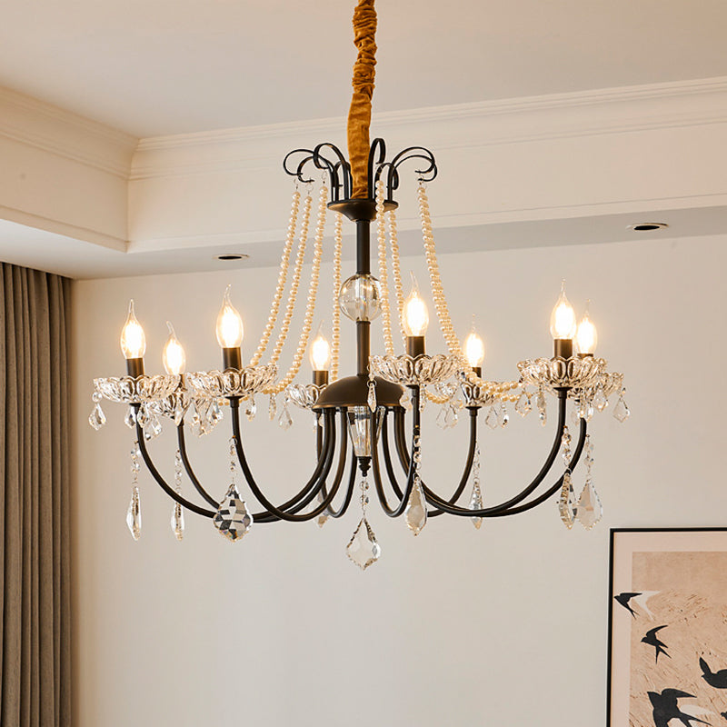 Traditional French Iron Pearl Glass Crystal Candle Holder-Shaped 6/8-Light Chandelier For Living Room