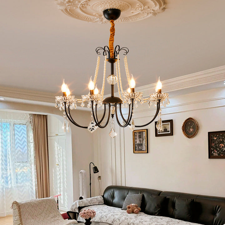 Traditional French Iron Pearl Glass Crystal Candle Holder-Shaped 6/8-Light Chandelier For Living Room