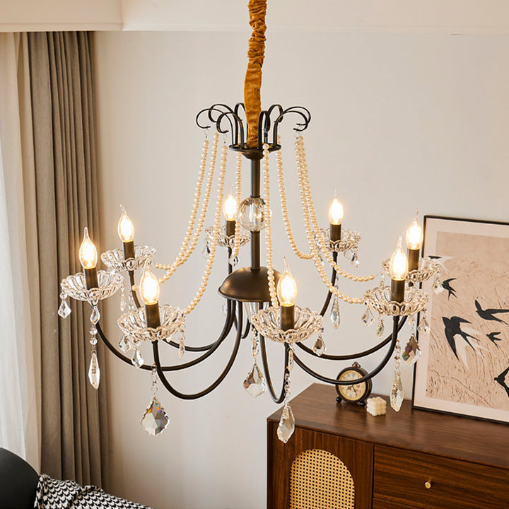 Traditional French Iron Pearl Glass Crystal Candle Holder-Shaped 6/8-Light Chandelier For Living Room