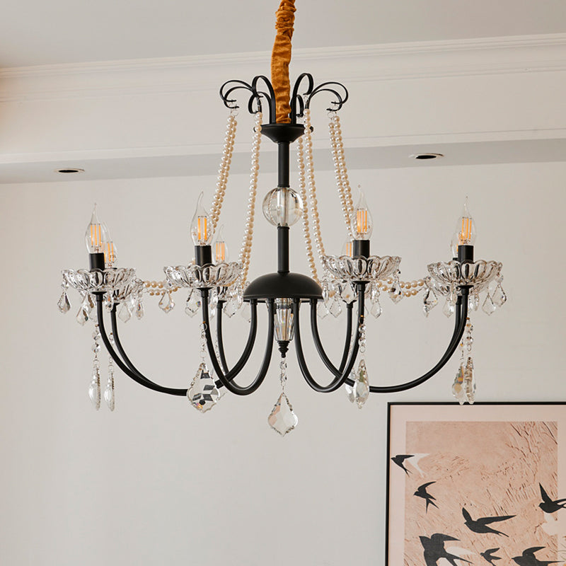 Traditional French Iron Pearl Glass Crystal Candle Holder-Shaped 6/8-Light Chandelier For Living Room