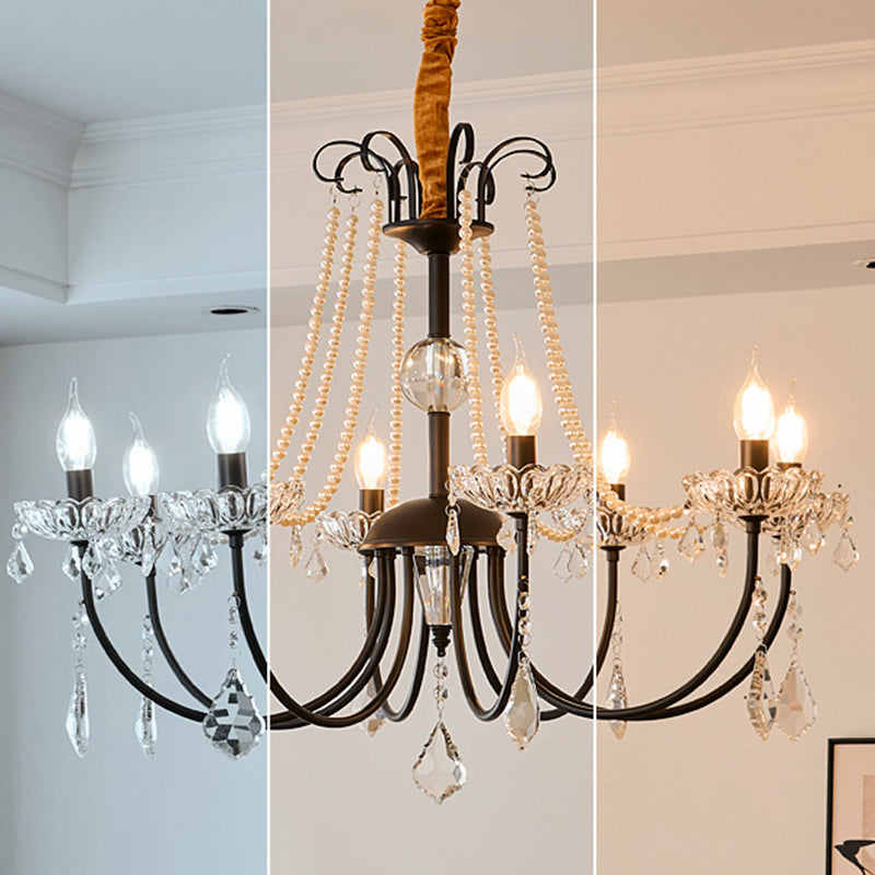 Traditional French Iron Pearl Glass Crystal Candle Holder-Shaped 6/8-Light Chandelier For Living Room