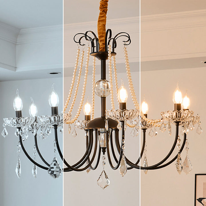 Traditional French Iron Pearl Glass Crystal Candle Holder-Shaped 6/8-Light Chandelier For Living Room