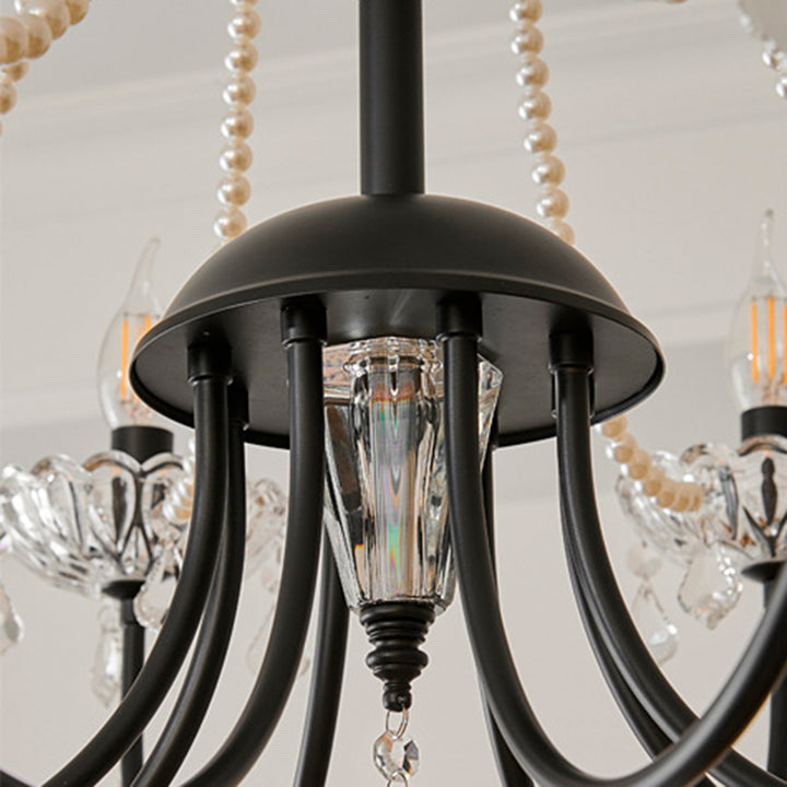 Traditional French Iron Pearl Glass Crystal Candle Holder-Shaped 6/8-Light Chandelier For Living Room