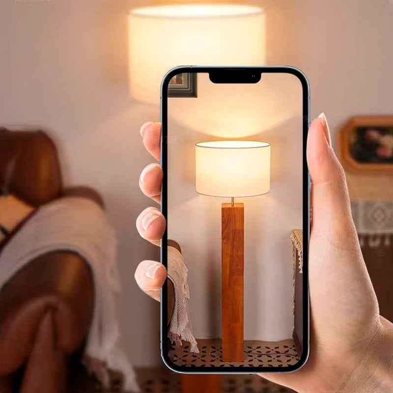 Contemporary Retro Edge-Glued Oak Wood Panel Fabric Column-Shaped 1-Light Standing Floor Lamp For Living Room &amp; Bedroom