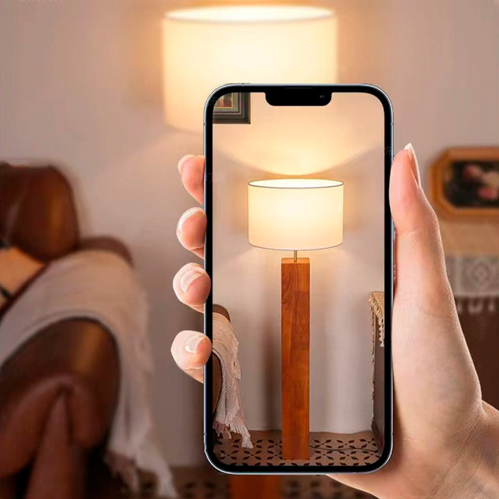Contemporary Retro Edge-Glued Oak Wood Panel Fabric Column-Shaped 1-Light Standing Floor Lamp For Living Room &amp; Bedroom