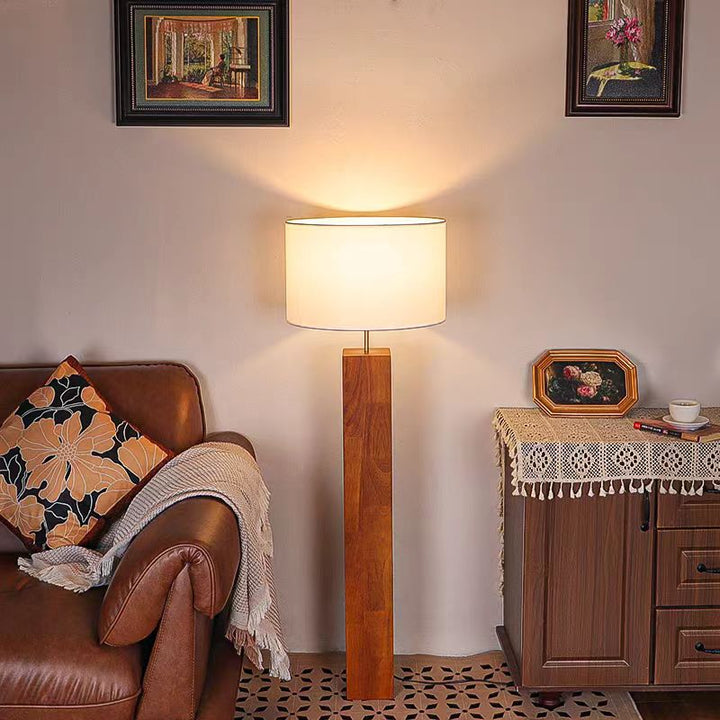 Contemporary Retro Edge-Glued Oak Wood Panel Fabric Column-Shaped 1-Light Standing Floor Lamp For Living Room &amp; Bedroom