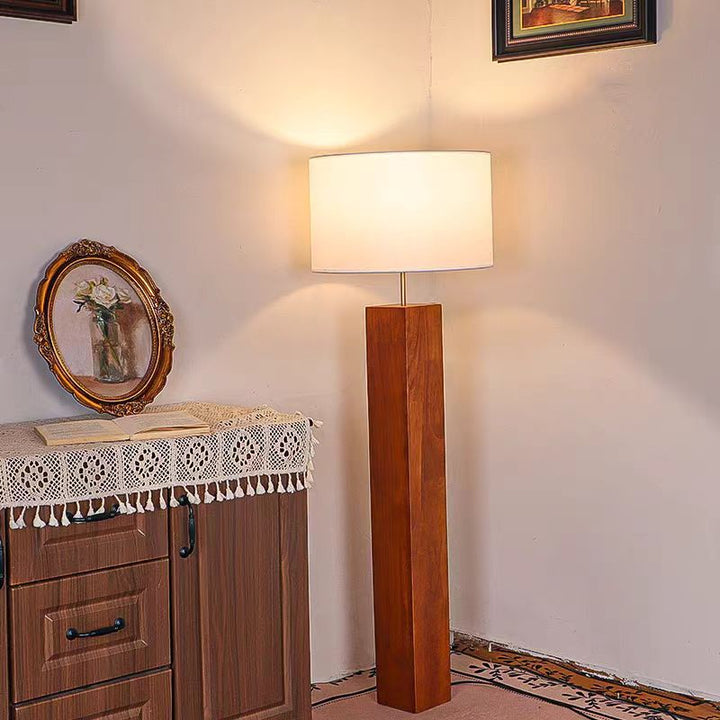 Contemporary Retro Edge-Glued Oak Wood Panel Fabric Column-Shaped 1-Light Standing Floor Lamp For Living Room &amp; Bedroom