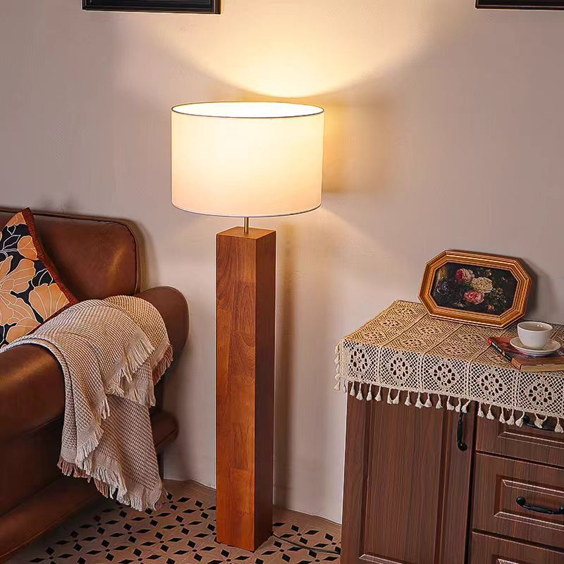 Contemporary Retro Edge-Glued Oak Wood Panel Fabric Column-Shaped 1-Light Standing Floor Lamp For Living Room &amp; Bedroom