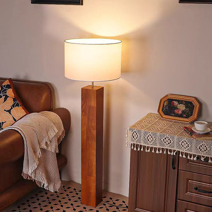 Contemporary Retro Edge-Glued Oak Wood Panel Fabric Column-Shaped 1-Light Standing Floor Lamp For Living Room &amp; Bedroom