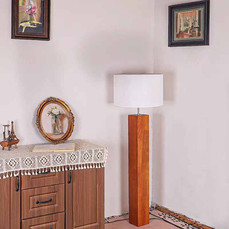 Contemporary Retro Edge-Glued Oak Wood Panel Fabric Column-Shaped 1-Light Standing Floor Lamp For Living Room &amp; Bedroom