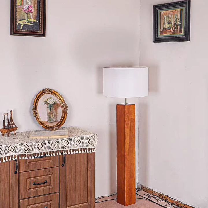 Contemporary Retro Edge-Glued Oak Wood Panel Fabric Column-Shaped 1-Light Standing Floor Lamp For Living Room &amp; Bedroom