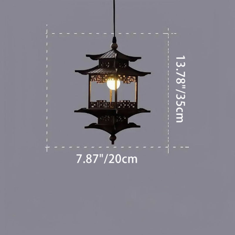 Traditional Chinese Basswood Gazebo-Shaped 1-Light Wooden Pendant Light For Hallway