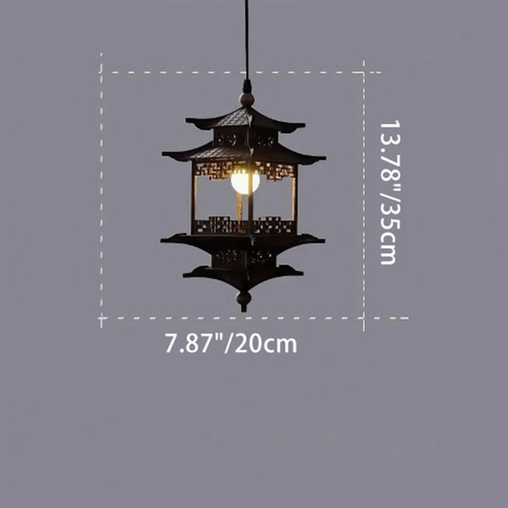 Traditional Chinese Basswood Gazebo-Shaped 1-Light Wooden Pendant Light For Hallway